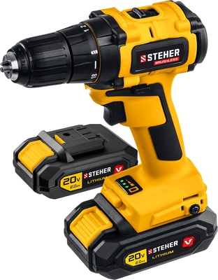 Дрель-шуруповерт STEHER CDB-200-2, 20В, 45Нм, 2 АКБ (2Ач) бесщеточная