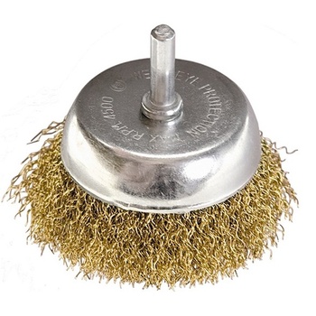 Корщетка чашечная, со шпилькой, стальная латунированная волнистая проволока 50 мм