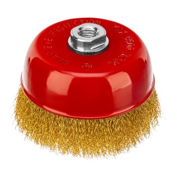 Корщетка чашечная, гайка М14, стальная латунированная волнистая проволока 125 мм