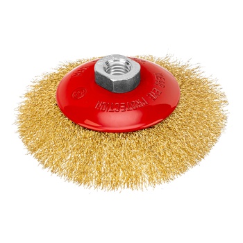 Корщетка тарелка, гайка М14, стальная латунированная волнистая проволока 100 мм