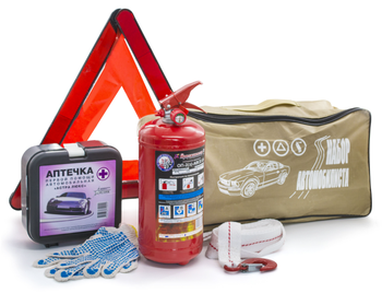 Набор автомобилиста, 5 предметов (трос, аптечка, огнетушитель, перчатки, знак авар. ост.)