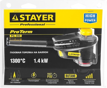 Горелка газовая с с пьезоподжигом, STAYER ProTerm Turbo PG400, 1300°C, турбо нагрев + 30% (55582)