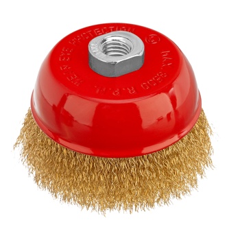 Корщетка чашечная, гайка М14, стальная латунированная волнистая проволока 100 мм